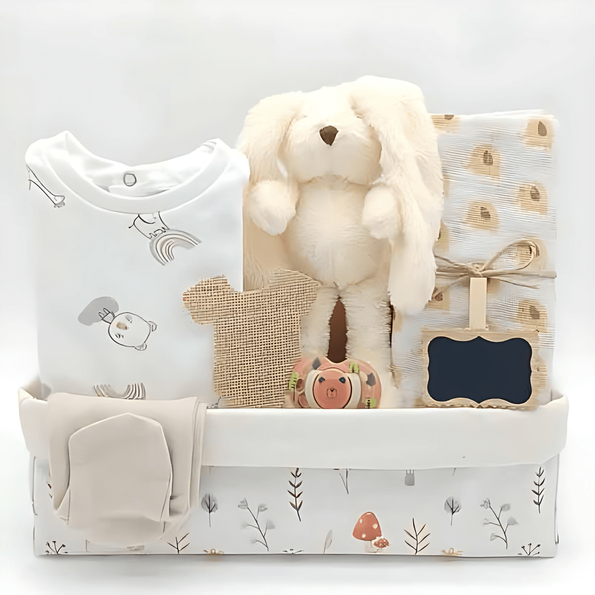 Canastilla de bebé con temática de bosque que incluye productos de higiene, ropa y accesorios infantiles.
