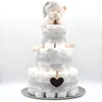 Tarta de pañales de tres pisos modelo Estrella azul y blanca, regalo artesanal para bebé con pañales Dodot y peluche